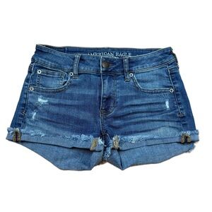 American Eagle Medium Wash Lightly Distressed Super Stretch X Denim Shorts 0